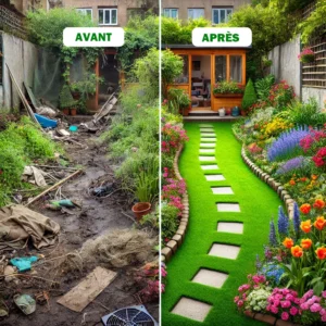 jardin en friche transforme en un espace vert bien entretenu et fleuri jardin en friche transforme en un espace vert bien entretenu et fleuri