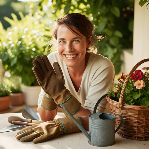 personne souriante en train de jardiner avec des outils simples