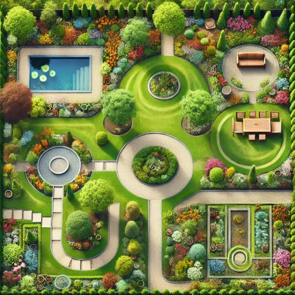 un jardin bien organise avec differentes zones pour donner un apercu de ce qui peut etre realise