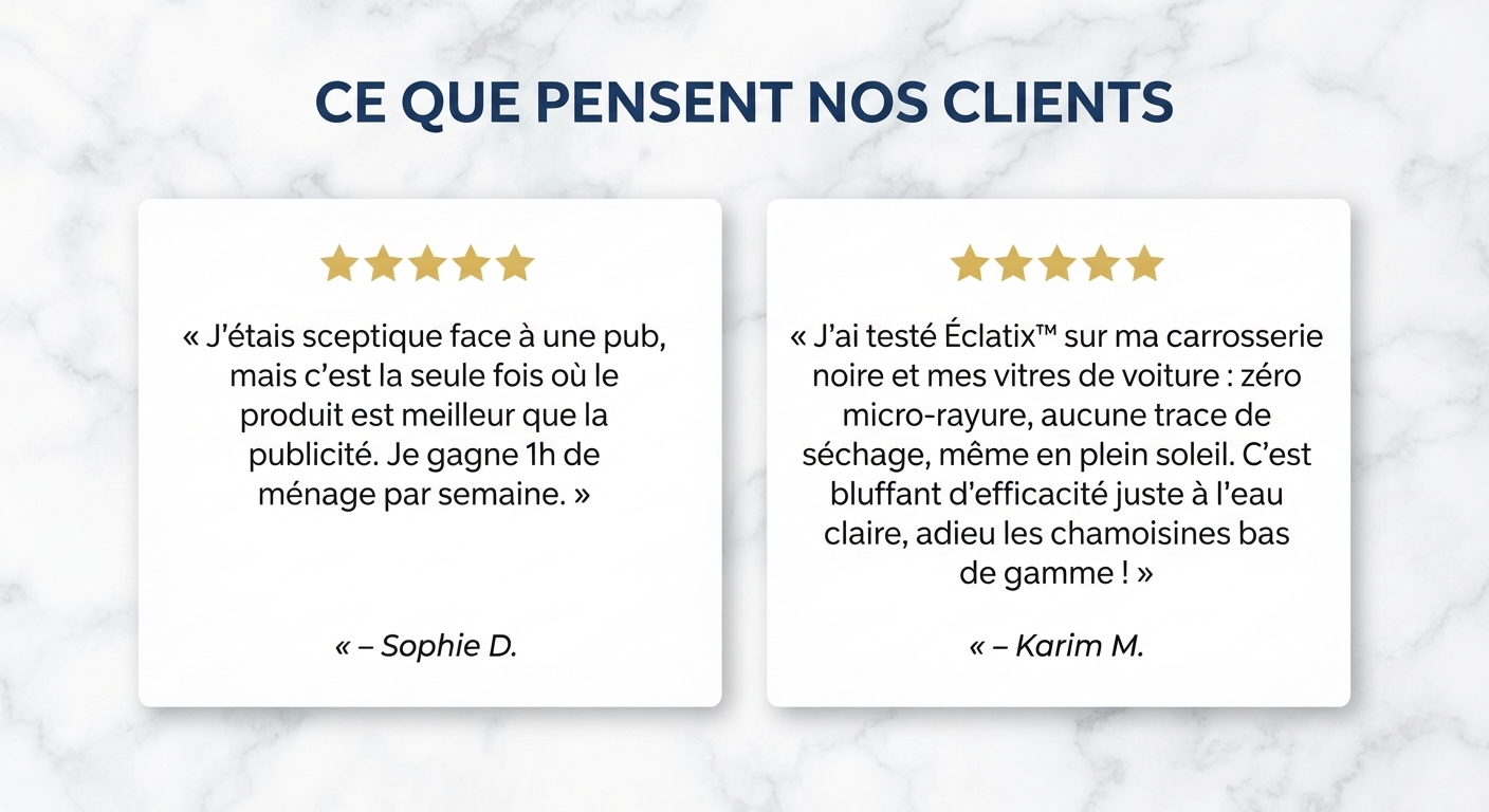 Avis clients satisfaits sur l'efficacité du chiffon microfibre Éclatix pour la maison et la voiture